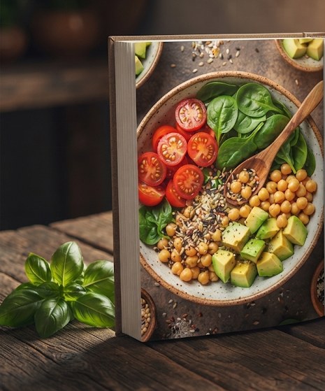 Livro de receitas aberto com foto de bowl de salada, sobre mesa rústica